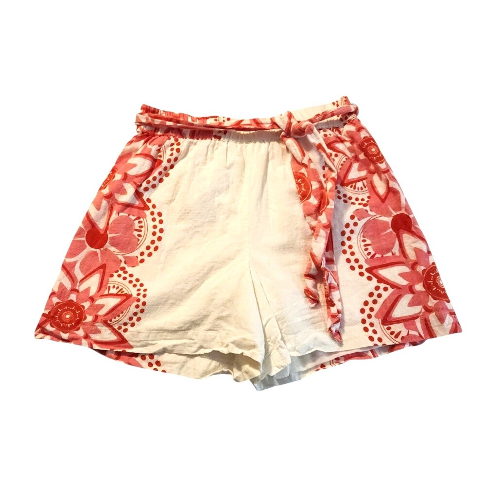 Deja Bleu Shorts White Pink Tropical Flowers Elastic Tie Waist Lined Size M